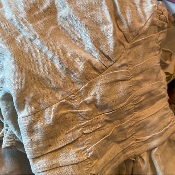 Sim and Sam linen crop top puff sleeve ruching smocked back natural colour - Picture 5 of 7